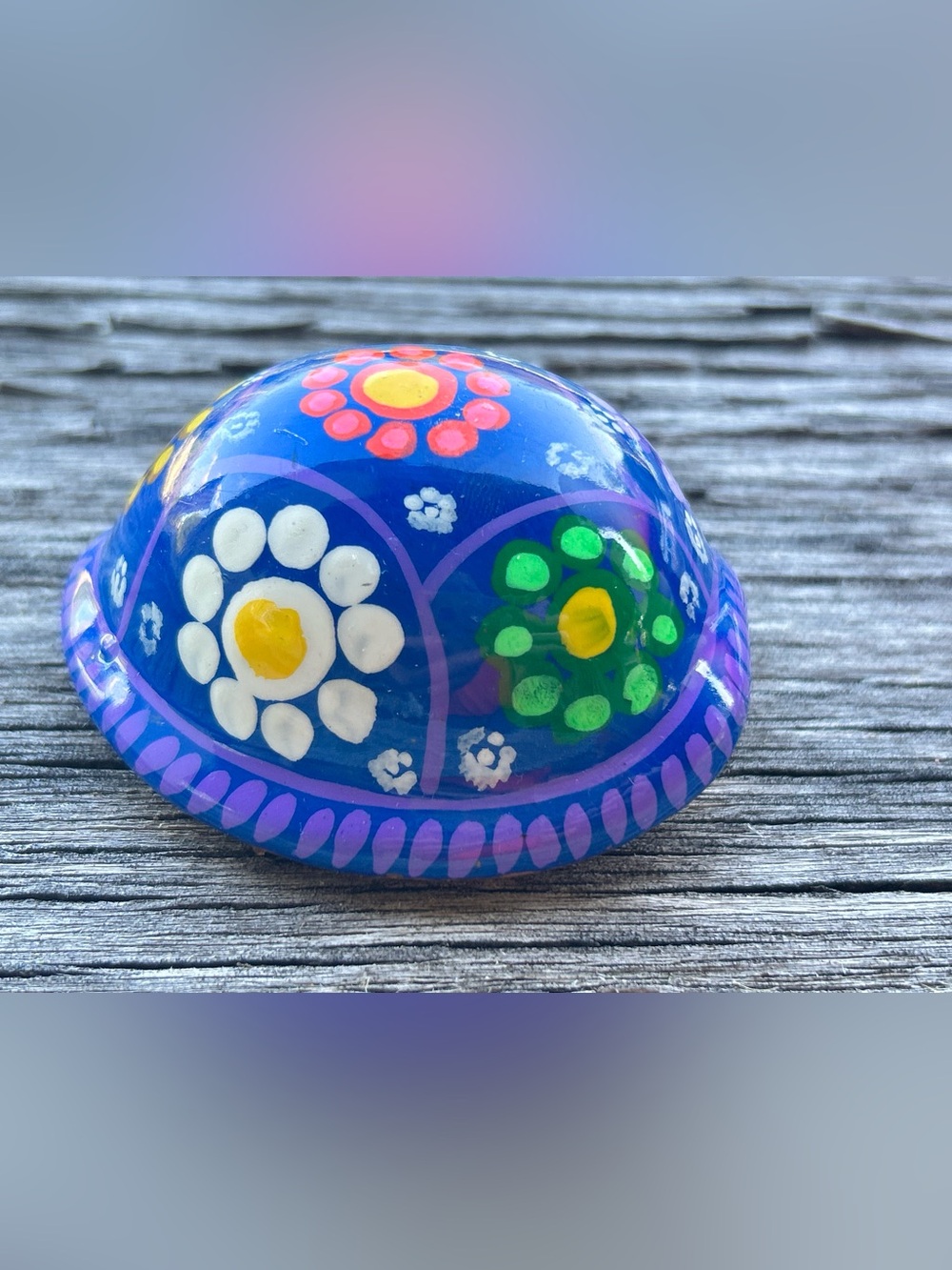 Hand-Painted Blue Floral Decorative Home Art Dome Turtle Shell Mexican folk art